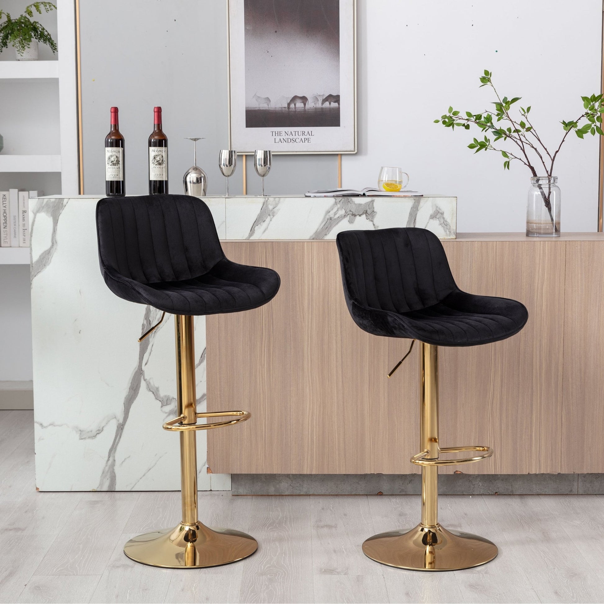 Chrome Footrest and Base Swivel Height Adjustable Mechanical Lifting Velvet + Golden Leg Simple Bar Stool,Set of 2,Black - 1st Choice Furniture Direct