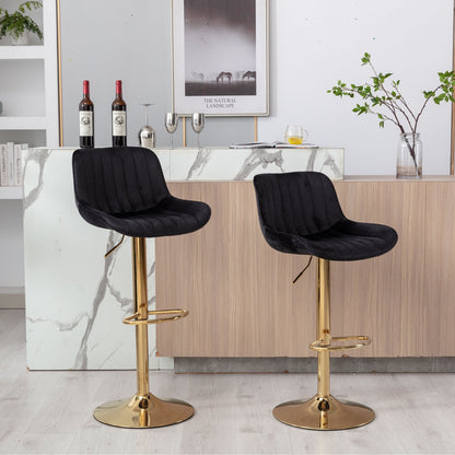 Chrome Footrest and Base Swivel Height Adjustable Mechanical Lifting Velvet + Golden Leg Simple Bar Stool,Set of 2,Black - 1st Choice Furniture Direct