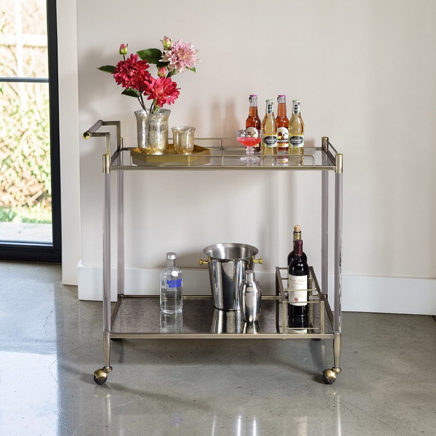 Cirro Antique Mirror & Wire Brass Finish Serving Cart - 1st Choice Furniture Direct