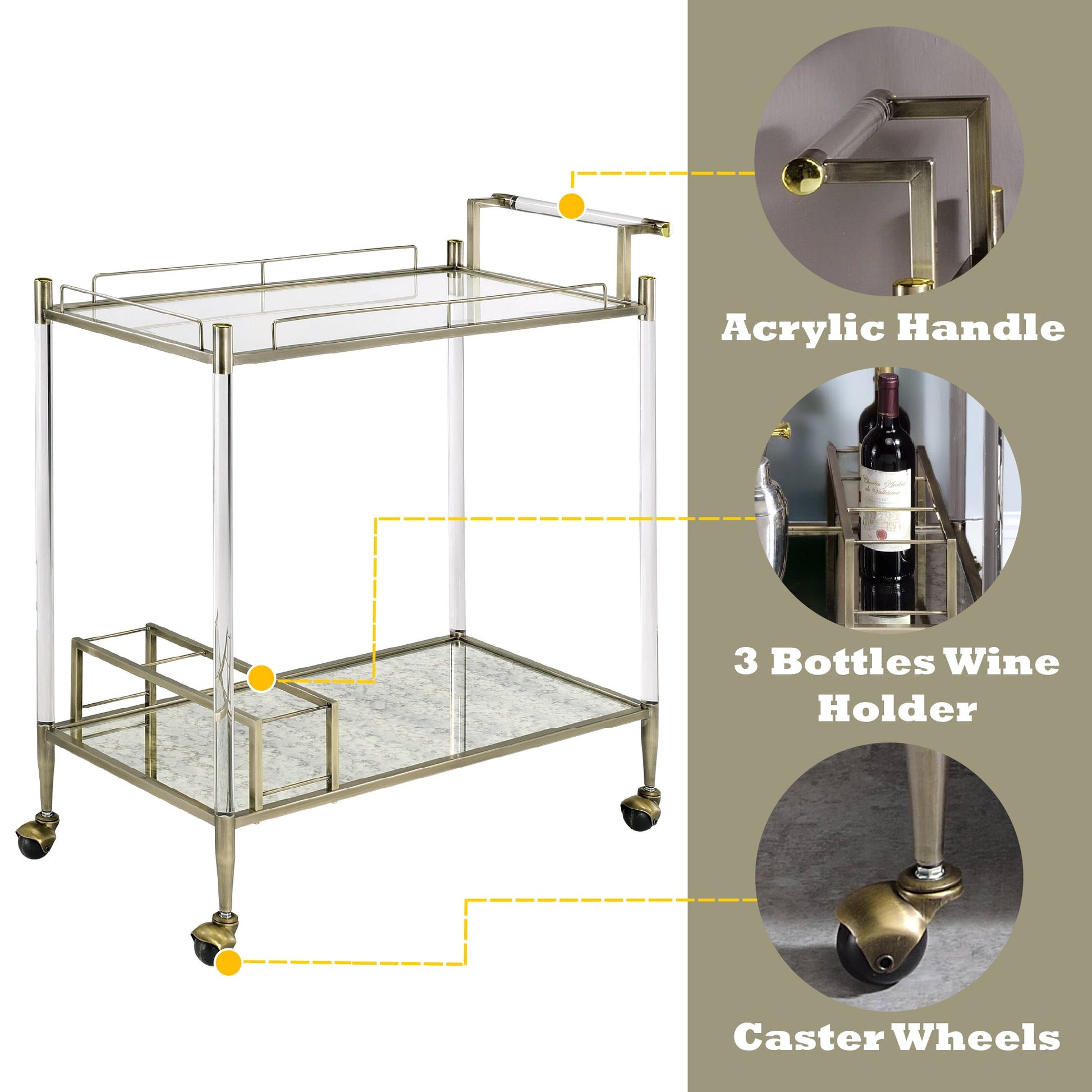 Cirro Antique Mirror & Wire Brass Finish Serving Cart - 1st Choice Furniture Direct