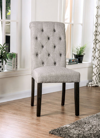 Classic Antique Black / Light Gray Set of 2 Side Chairs Button Tufted Linen Like Fabric Solid wood Chair Upholstered Scroll Back Kitchen Rustic Dining Room Furniture - 1st Choice Furniture Direct