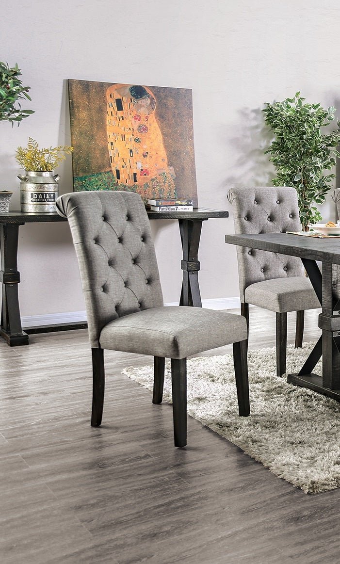 Classic Antique Black / Light Gray Set of 2 Side Chairs Button Tufted Linen Like Fabric Solid wood Chair Upholstered Scroll Back Kitchen Rustic Dining Room Furniture - 1st Choice Furniture Direct