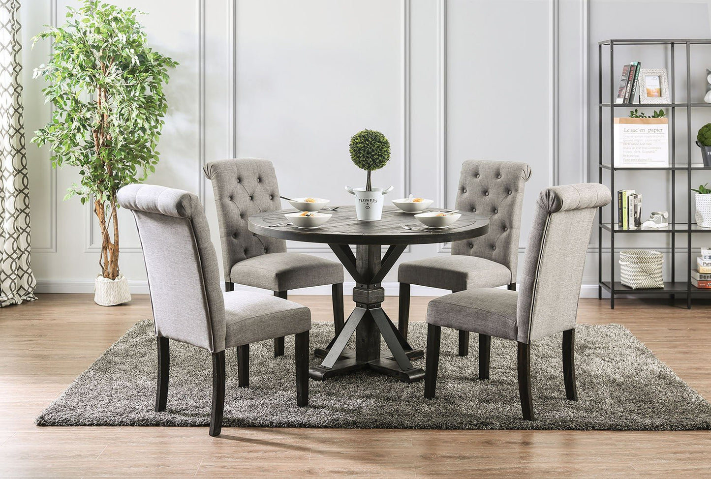 Classic Antique Black / Light Gray Set of 2 Side Chairs Button Tufted Linen Like Fabric Solid wood Chair Upholstered Scroll Back Kitchen Rustic Dining Room Furniture - 1st Choice Furniture Direct