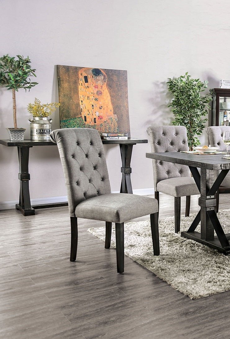 Classic Antique Black / Light Gray Set of 2 Side Chairs Button Tufted Linen Like Fabric Solid wood Chair Upholstered Scroll Back Kitchen Rustic Dining Room Furniture - 1st Choice Furniture Direct