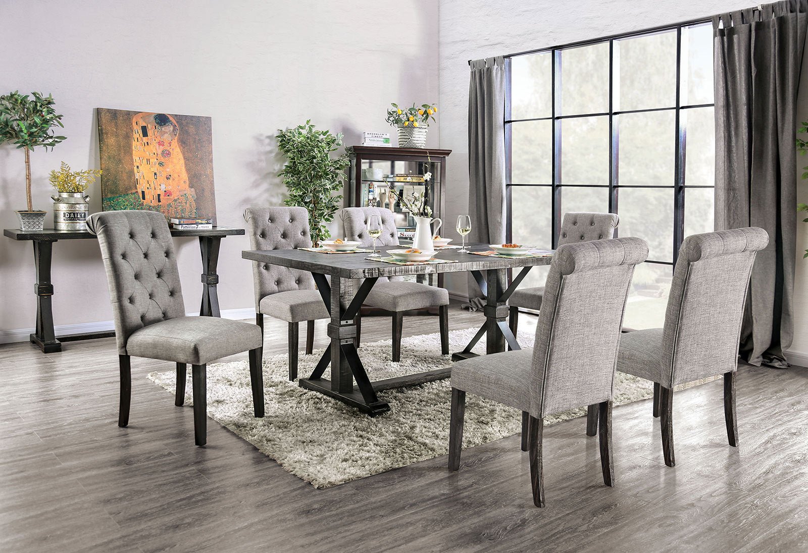 Classic Antique Black / Light Gray Set of 2 Side Chairs Button Tufted Linen Like Fabric Solid wood Chair Upholstered Scroll Back Kitchen Rustic Dining Room Furniture - 1st Choice Furniture Direct