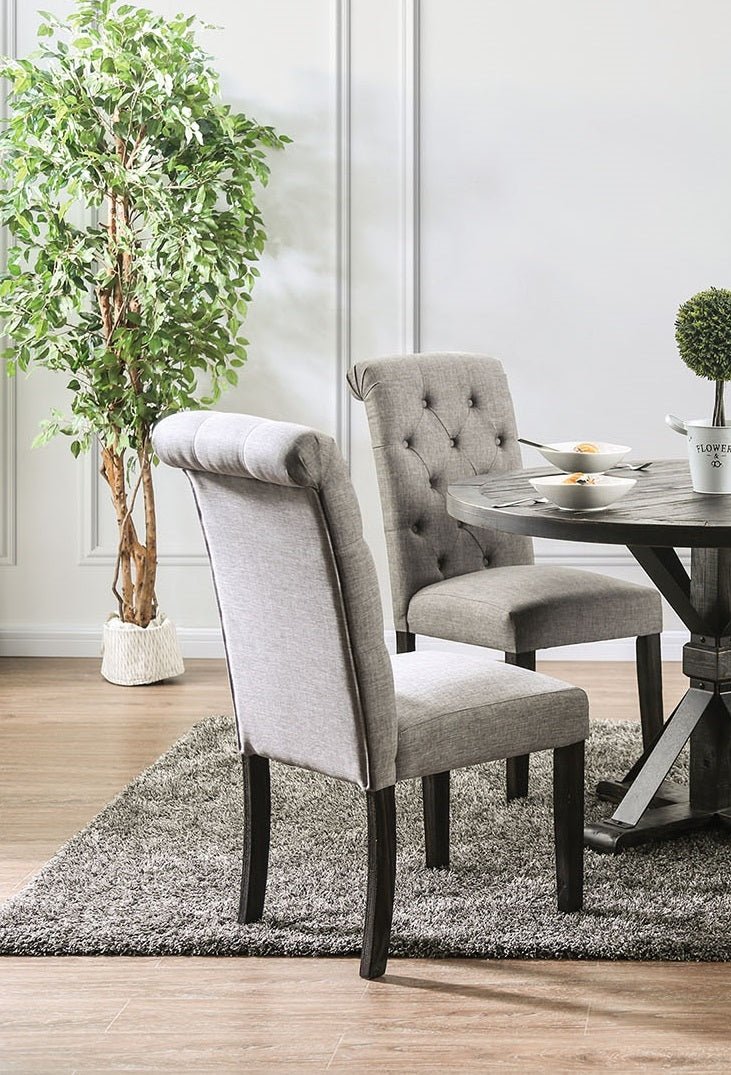 Classic Antique Black / Light Gray Set of 2 Side Chairs Button Tufted Linen Like Fabric Solid wood Chair Upholstered Scroll Back Kitchen Rustic Dining Room Furniture - 1st Choice Furniture Direct