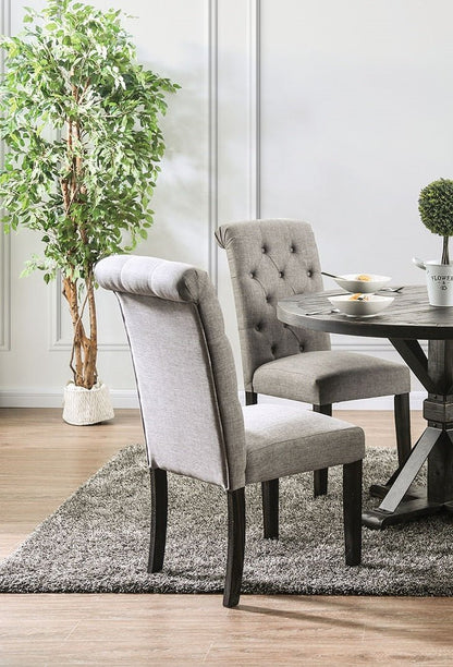 Classic Antique Black / Light Gray Set of 2 Side Chairs Button Tufted Linen Like Fabric Solid wood Chair Upholstered Scroll Back Kitchen Rustic Dining Room Furniture - 1st Choice Furniture Direct