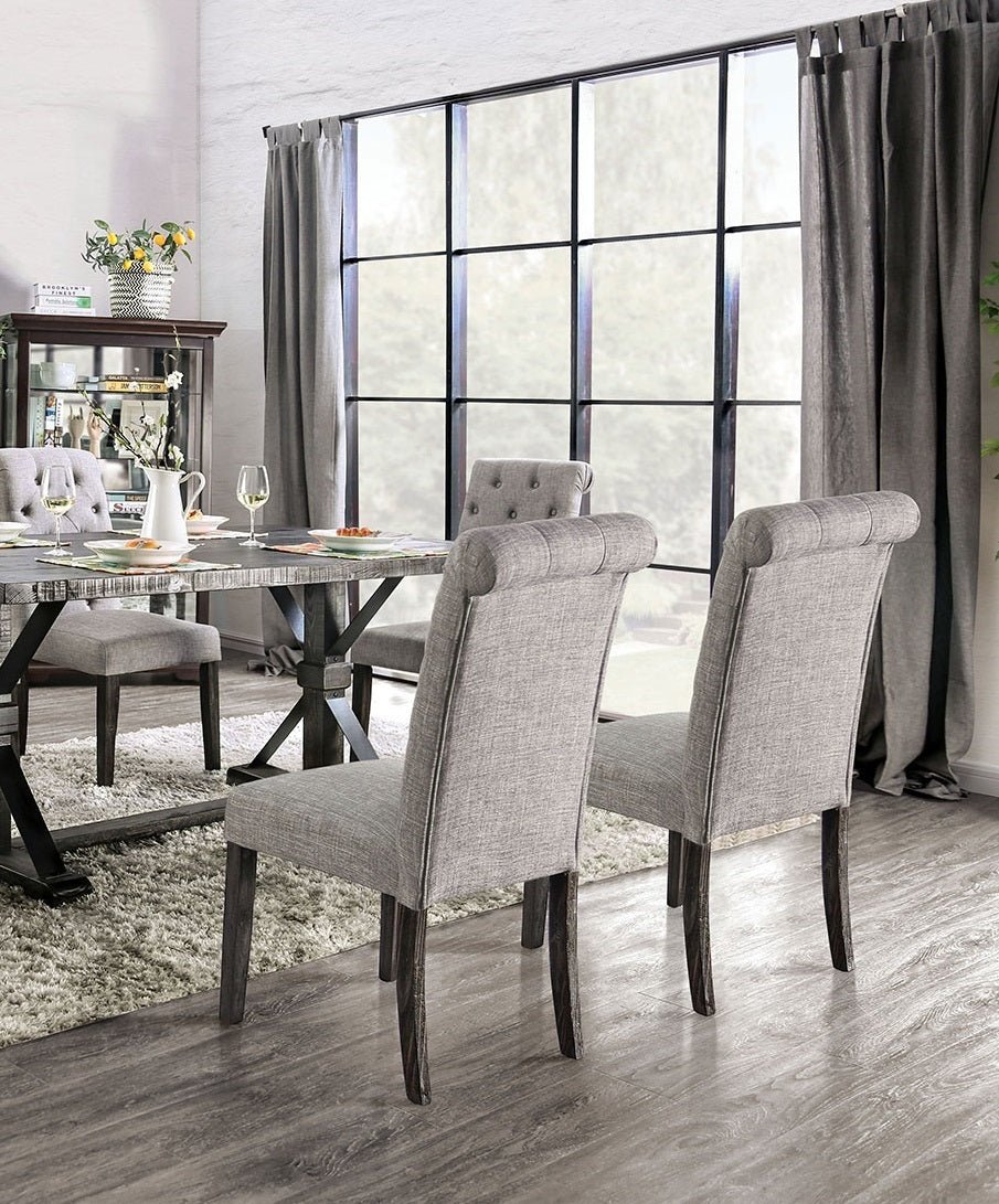 Classic Antique Black / Light Gray Set of 2 Side Chairs Button Tufted Linen Like Fabric Solid wood Chair Upholstered Scroll Back Kitchen Rustic Dining Room Furniture - 1st Choice Furniture Direct