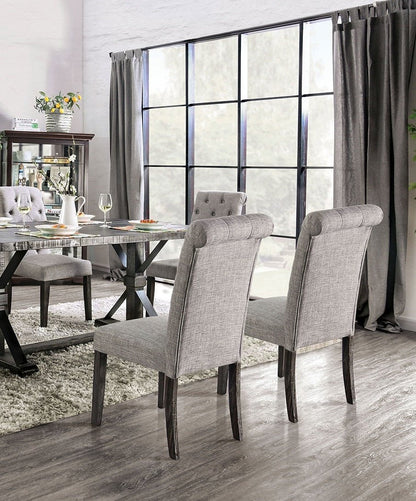 Classic Antique Black / Light Gray Set of 2 Side Chairs Button Tufted Linen Like Fabric Solid wood Chair Upholstered Scroll Back Kitchen Rustic Dining Room Furniture - 1st Choice Furniture Direct