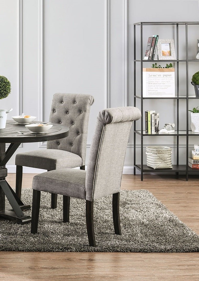 Classic Antique Black / Light Gray Set of 2 Side Chairs Button Tufted Linen Like Fabric Solid wood Chair Upholstered Scroll Back Kitchen Rustic Dining Room Furniture - 1st Choice Furniture Direct