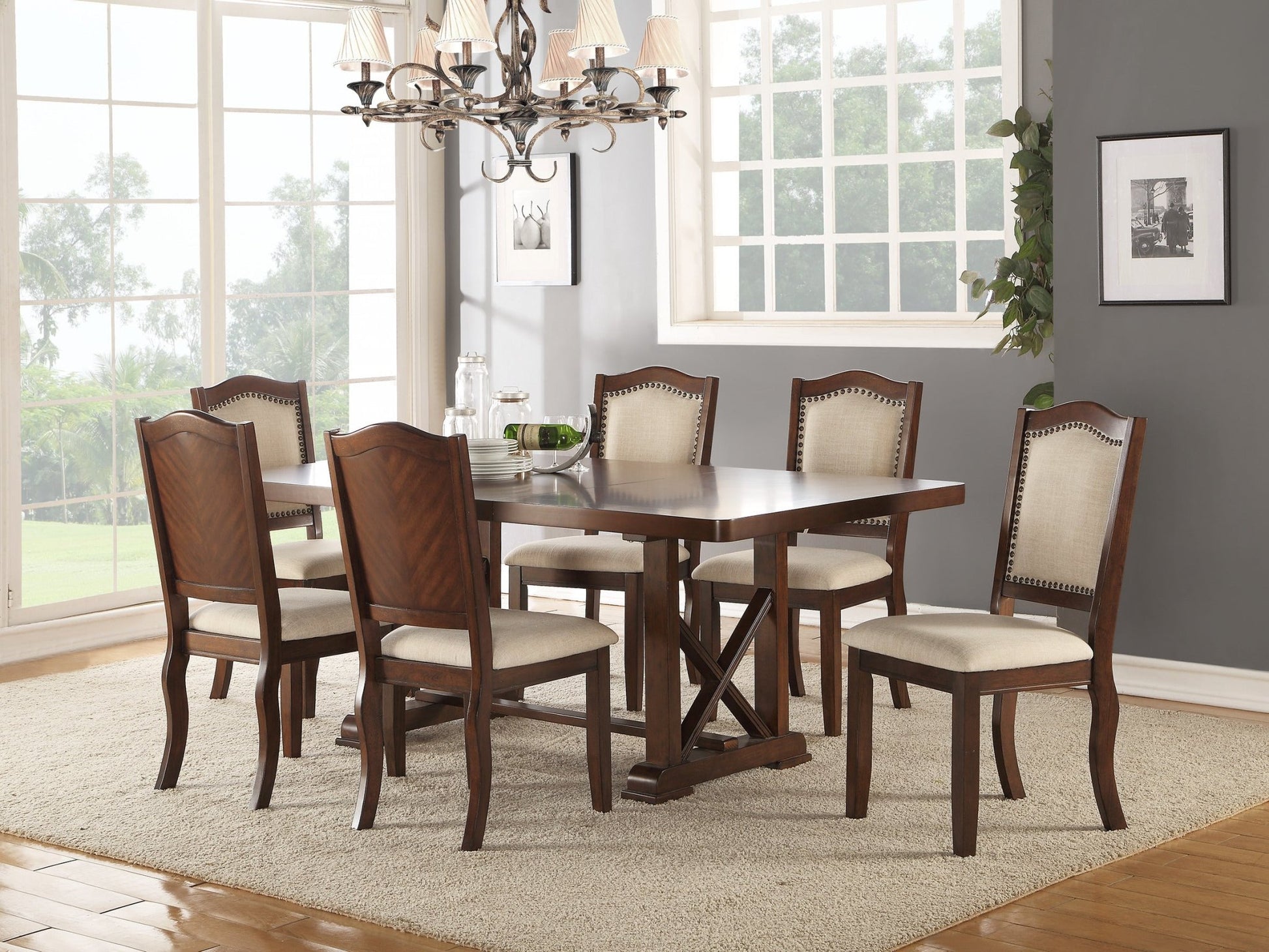Classic Cherry Veneer 1pc Dining Table w Leaf Unique Design Base W Leg Support Kitchen Dining Room - 1st Choice Furniture Direct