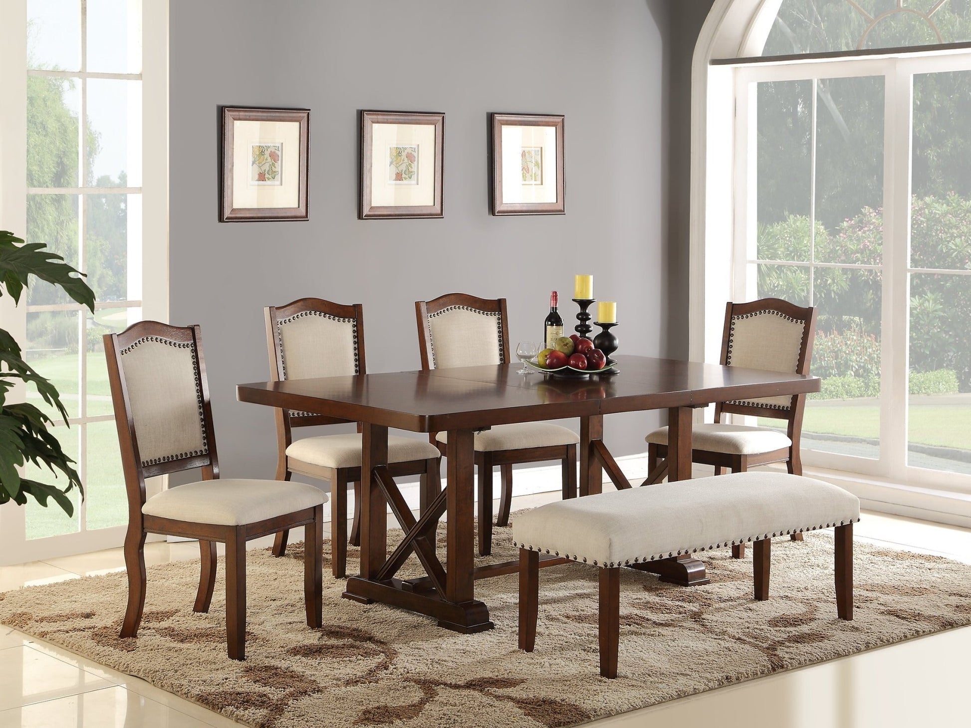 Classic Cherry Veneer 1pc Dining Table w Leaf Unique Design Base W Leg Support Kitchen Dining Room - 1st Choice Furniture Direct
