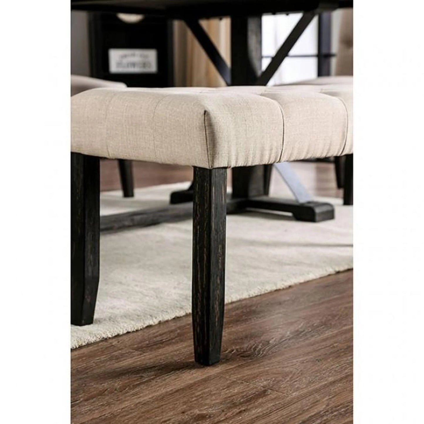 Classic Ivory 1PC BENCH Button Tufted Linen Like Fabric Solid wood Chair Upholstered Seat Breakfast Rustic Dining Room Furniture - 1st Choice Furniture Direct