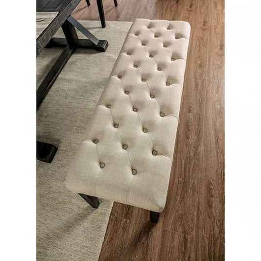 Classic Ivory 1PC BENCH Button Tufted Linen Like Fabric Solid wood Chair Upholstered Seat Breakfast Rustic Dining Room Furniture - 1st Choice Furniture Direct