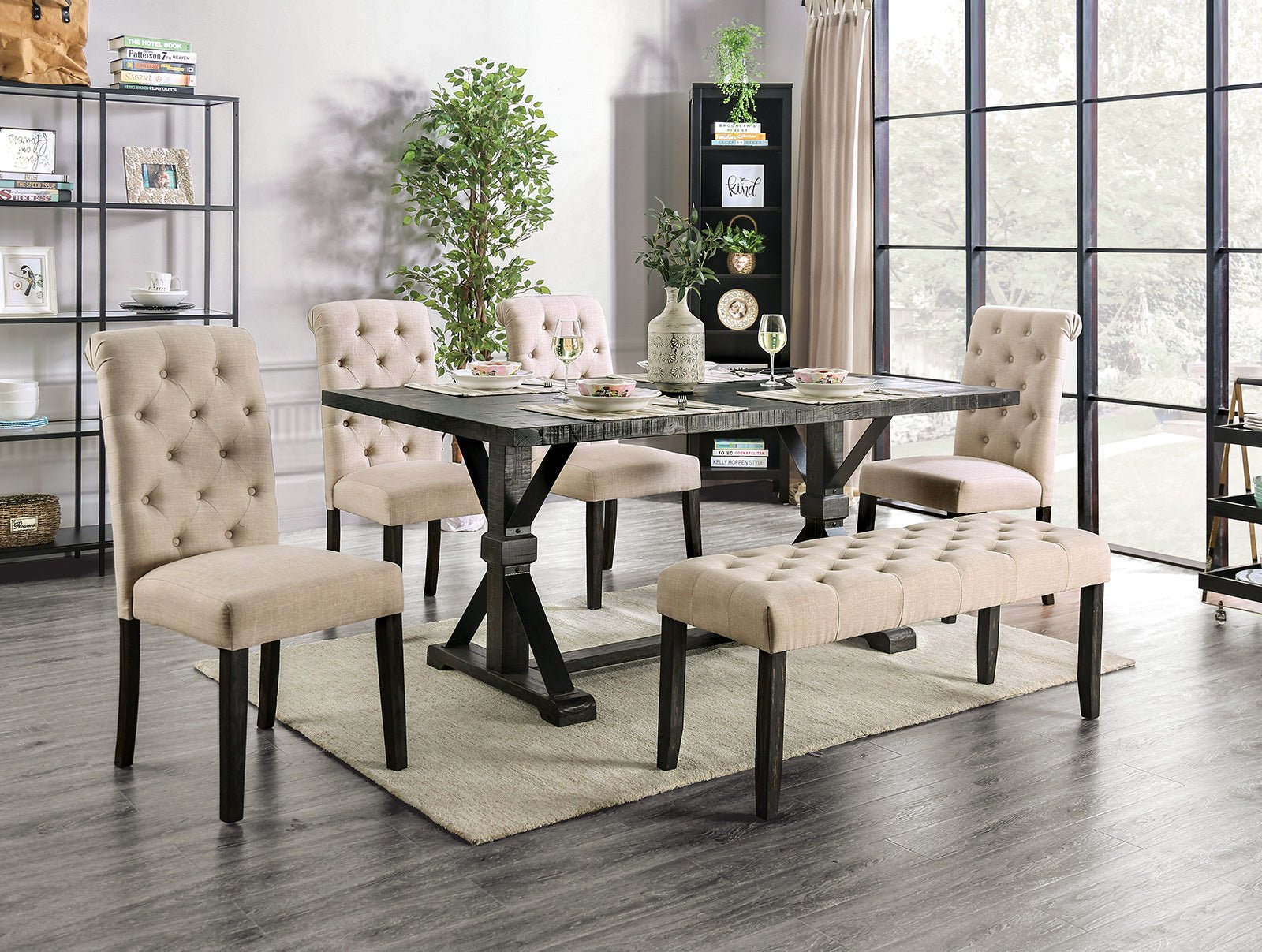 Classic Ivory 1PC BENCH Button Tufted Linen Like Fabric Solid wood Chair Upholstered Seat Breakfast Rustic Dining Room Furniture - 1st Choice Furniture Direct