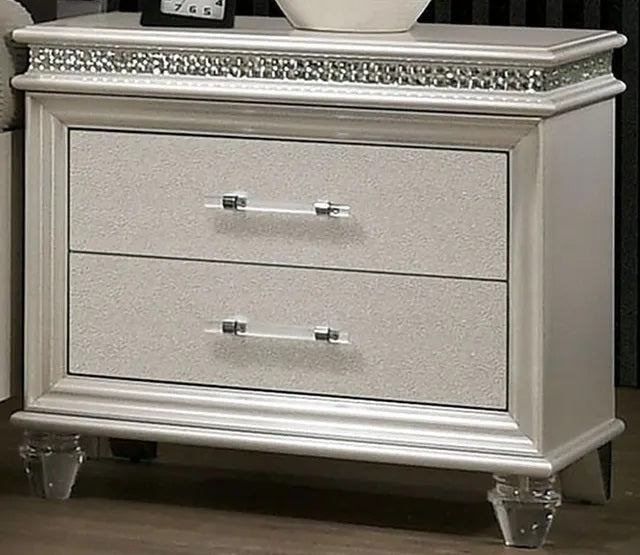 Classic Pearl White 1pc Nightstand Only Contemporary Solid wood 2 - Drawers Felt - lined Top English Dovetail Acrylic Legs & Pull Handle - 1st Choice Furniture Direct