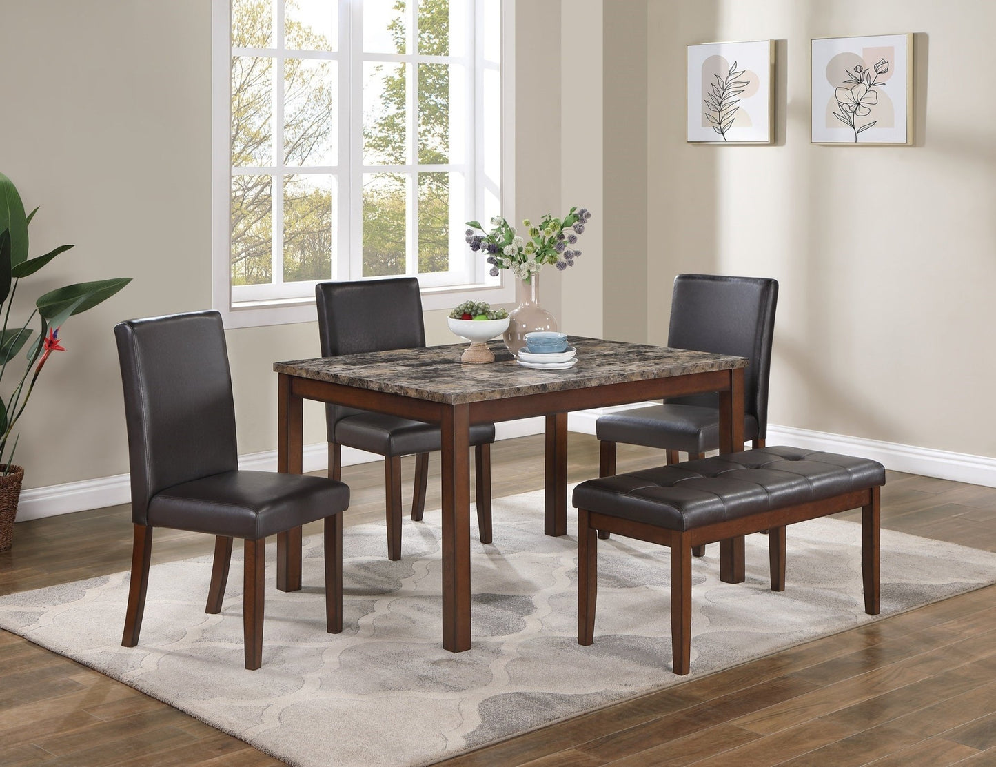 Classic Stylish Espresso Finish 5pc Dining Set Kitchen Dinette Faux Marble Top Table Bench and 3x Chairs Faux Leather Cushions Seats Dining Room - 1st Choice Furniture Direct