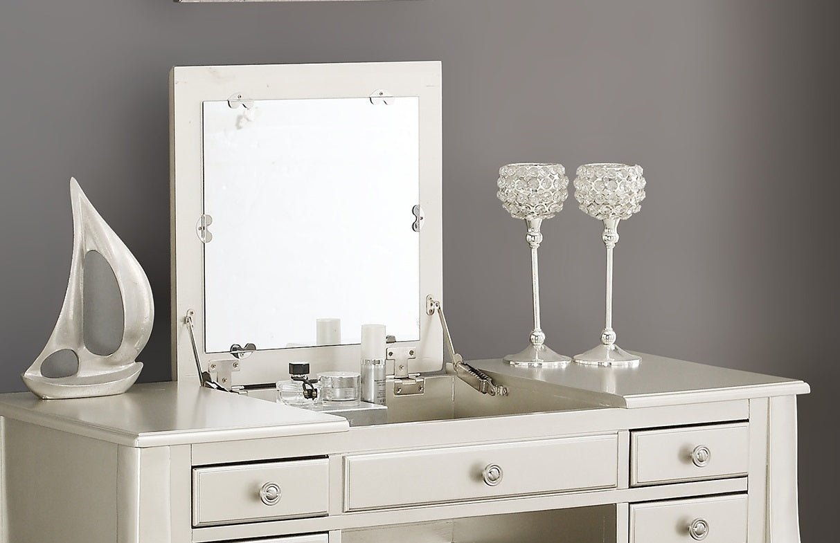 Classic Vanity Set w Stool Silver Color Drawers Open - up Mirror Bedroom Furniture Unique Legs Cushion Seat Stool Vanity - 1st Choice Furniture Direct