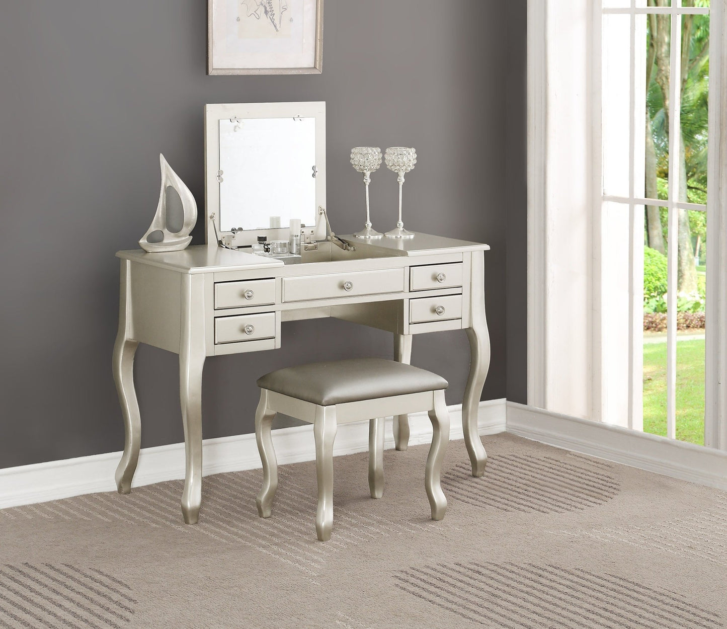 Classic Vanity Set w Stool Silver Color Drawers Open - up Mirror Bedroom Furniture Unique Legs Cushion Seat Stool Vanity - 1st Choice Furniture Direct