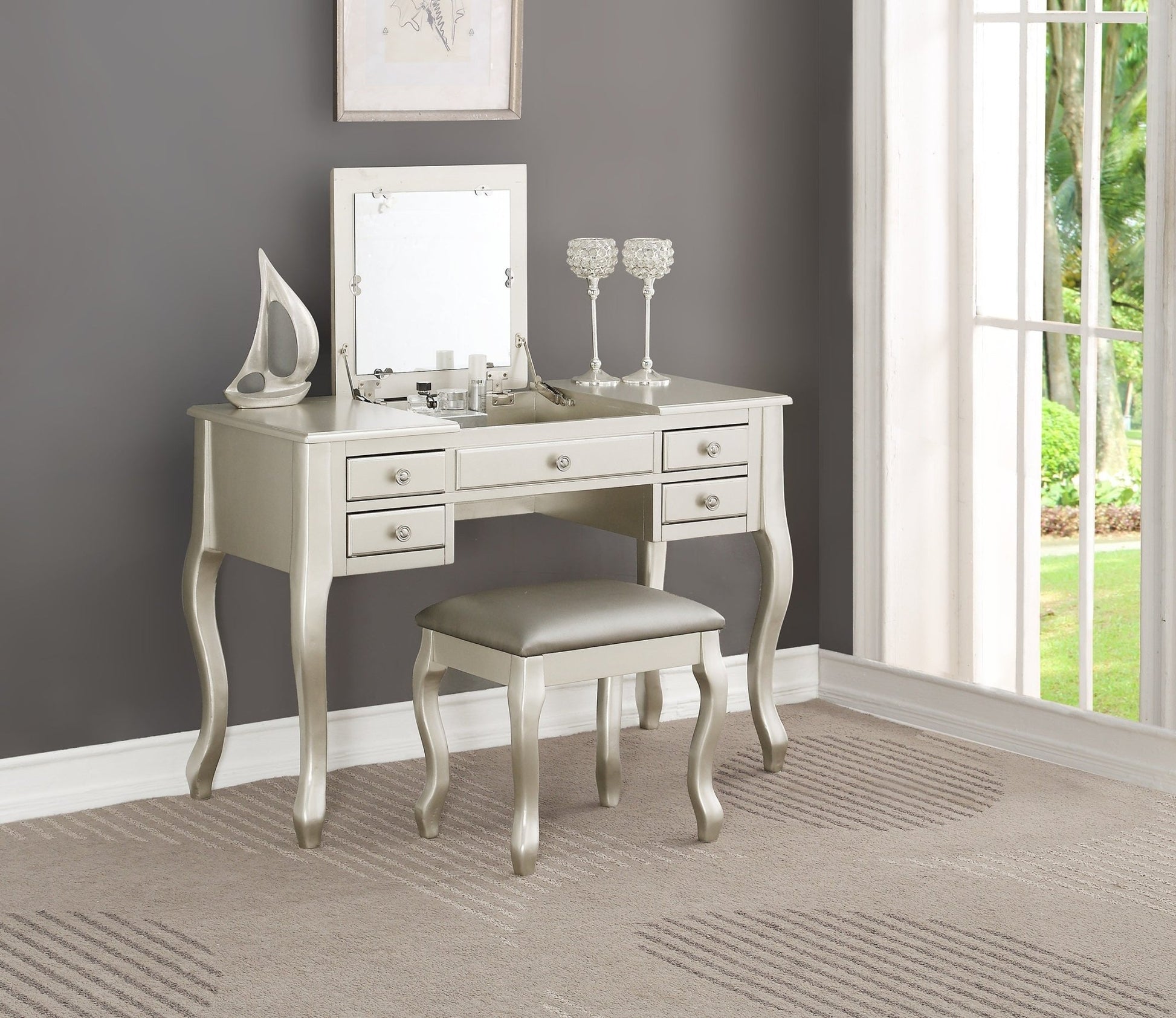 Classic Vanity Set w Stool Silver Color Drawers Open - up Mirror Bedroom Furniture Unique Legs Cushion Seat Stool Vanity - 1st Choice Furniture Direct