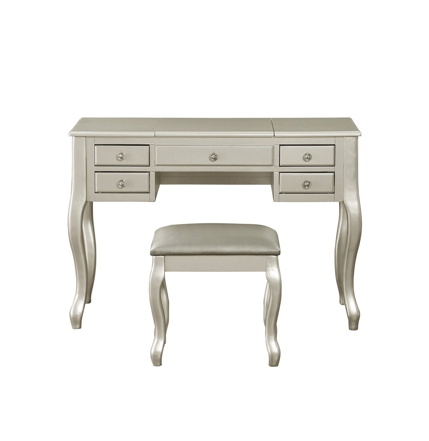 Classic Vanity Set w Stool Silver Color Drawers Open - up Mirror Bedroom Furniture Unique Legs Cushion Seat Stool Vanity - 1st Choice Furniture Direct