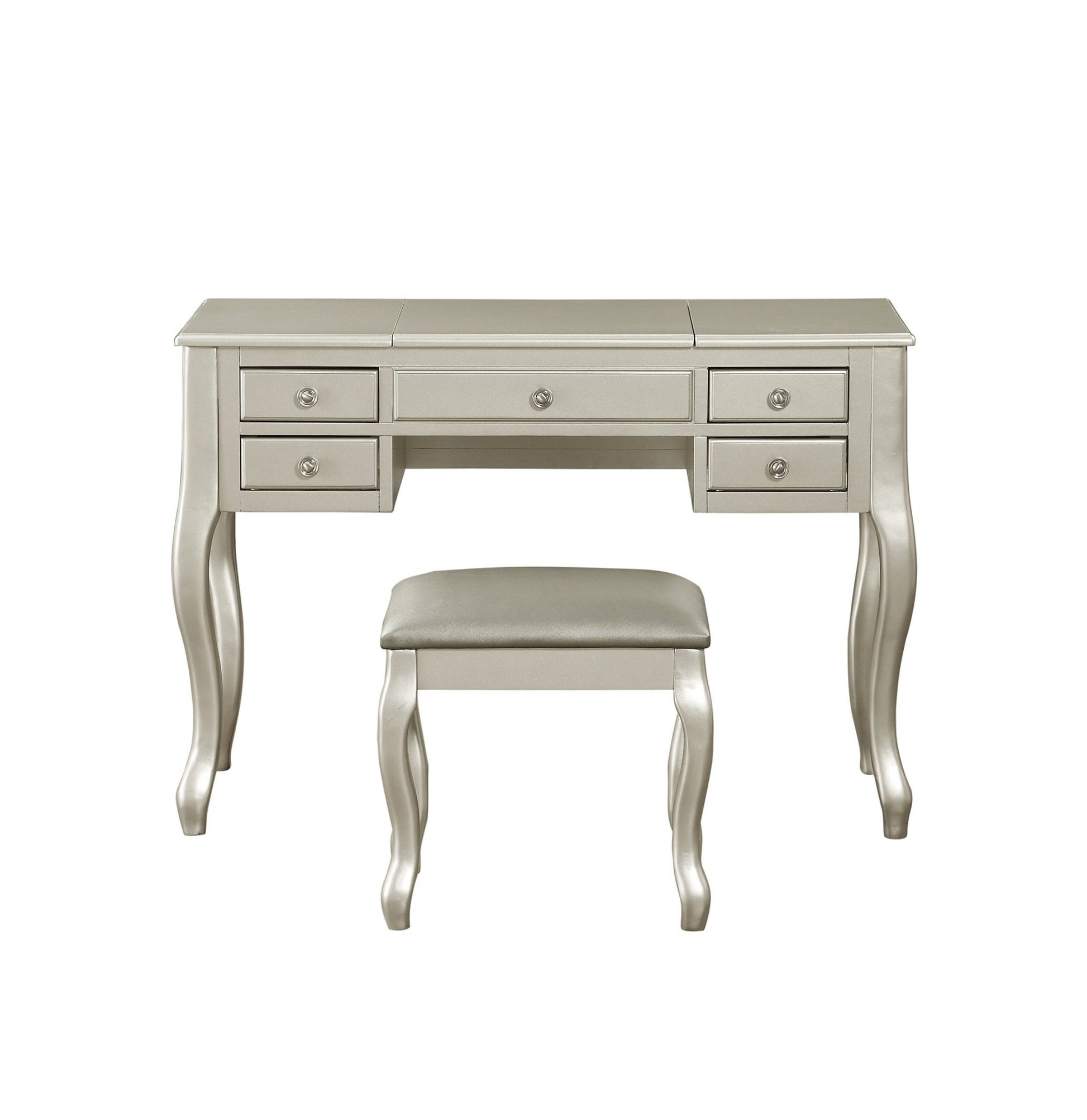 Classic Vanity Set w Stool Silver Color Drawers Open - up Mirror Bedroom Furniture Unique Legs Cushion Seat Stool Vanity - 1st Choice Furniture Direct