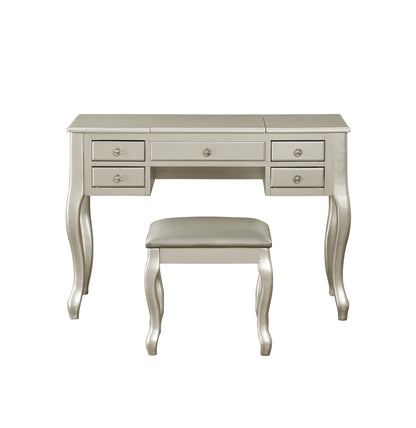 Classic Vanity Set w Stool Silver Color Drawers Open - up Mirror Bedroom Furniture Unique Legs Cushion Seat Stool Vanity - 1st Choice Furniture Direct