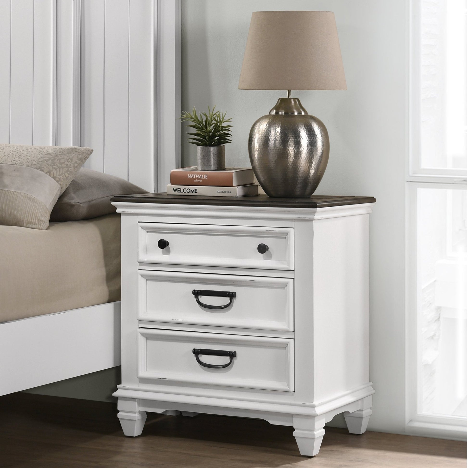 Clelane Wood 3 - Drawer Nightstand, Weathered White and Gray - 1st Choice Furniture Direct