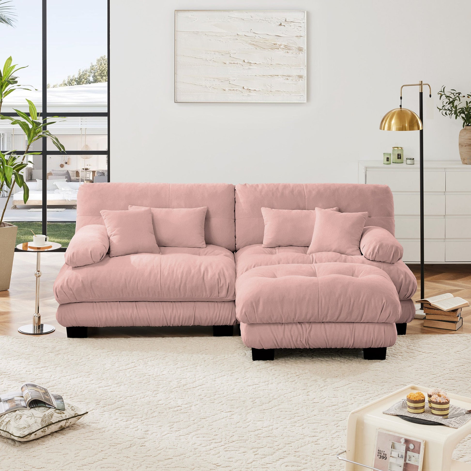 Cloud Couch Sectional Sofa for Living Room, Chenille 2 Seater Sofa with 2 Lumbar pillows and 2 throw pillows , Upholstered Wide Arm Sofa with Convertible Ottoman,Chenille Pink - 1st Choice Furniture Direct