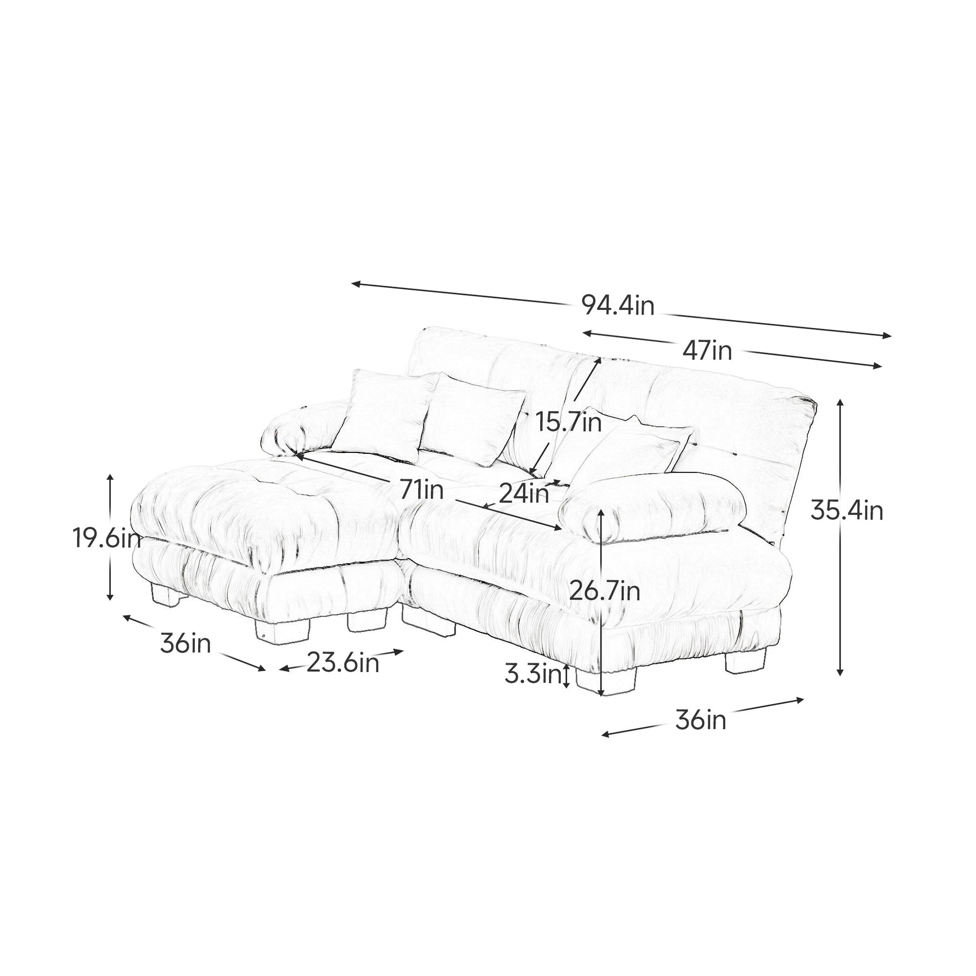 Cloud Couch Sectional Sofa for Living Room, Chenille 2 Seater Sofa with 2 Lumbar pillows and 2 throw pillows , Upholstered Wide Arm Sofa with Convertible Ottoman,Chenille Gray - 1st Choice Furniture Direct