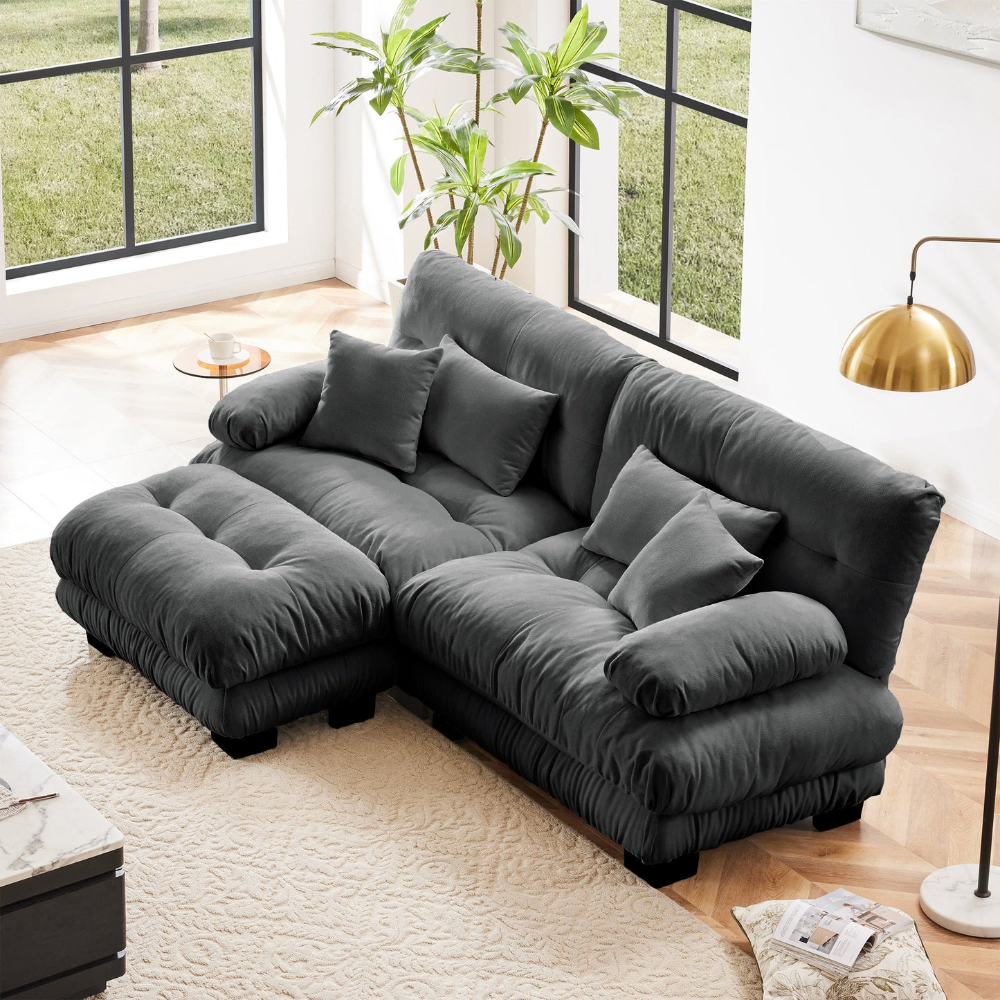 Cloud Couch Sectional Sofa for Living Room, Chenille 2 Seater Sofa with 2 Lumbar pillows and 2 throw pillows , Upholstered Wide Arm Sofa with Convertible Ottoman,Chenille Gray - 1st Choice Furniture Direct