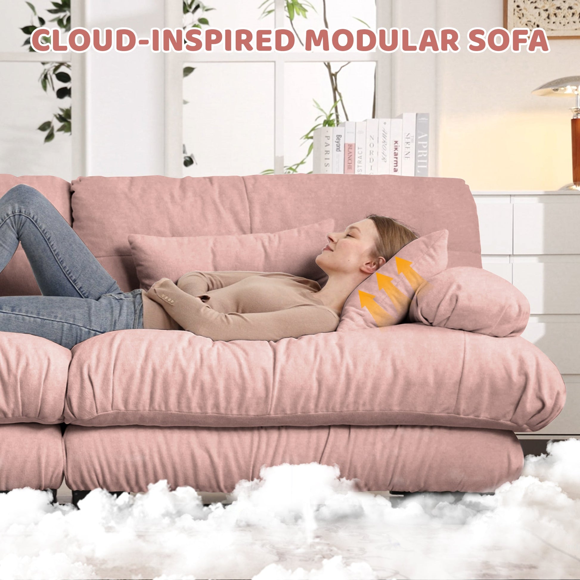 Cloud Couch Sectional Sofa for Living Room, Chenille 2 Seater Sofa with 2 Lumbar pillows and 2 throw pillows , Upholstered Wide Arm Sofa with Convertible Ottoman,Chenille Pink - 1st Choice Furniture Direct