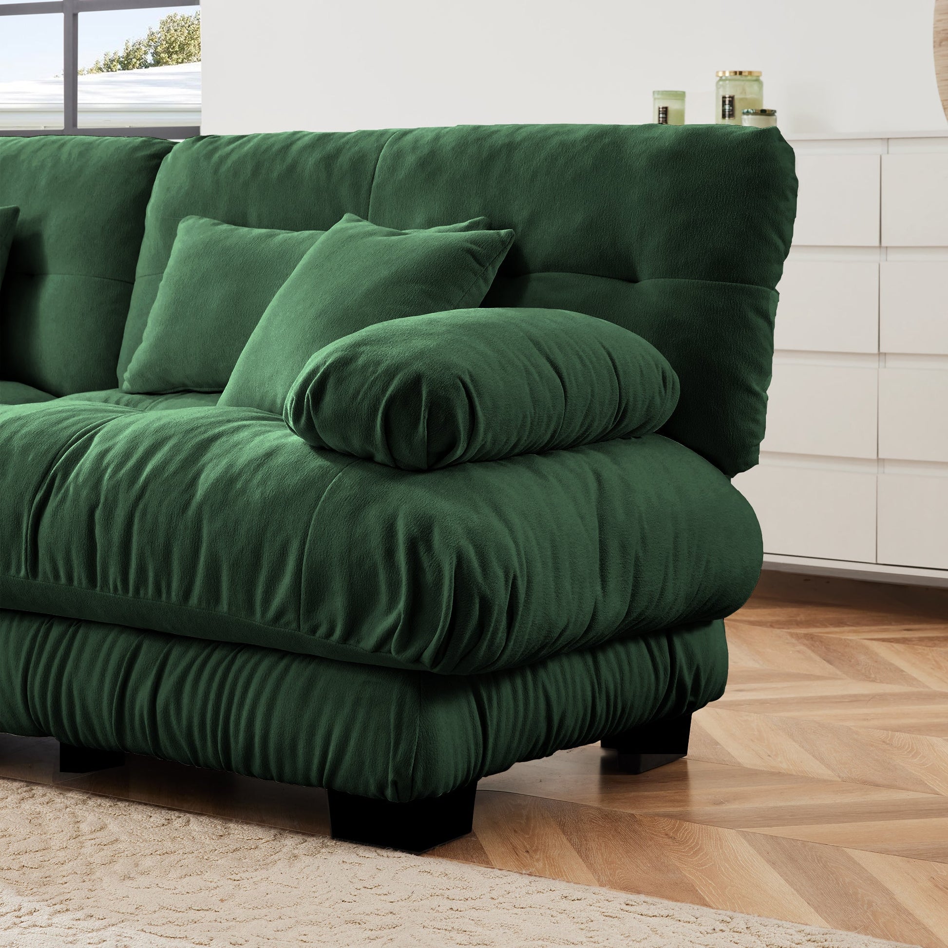 Cloud Couch Sectional Sofa for Living Room, Chenille 2 Seater Sofa with 2 Lumbar pillows and 2 throw pillows , Upholstered Wide Arm Sofa with Convertible Ottoman,Chenille Green - 1st Choice Furniture Direct