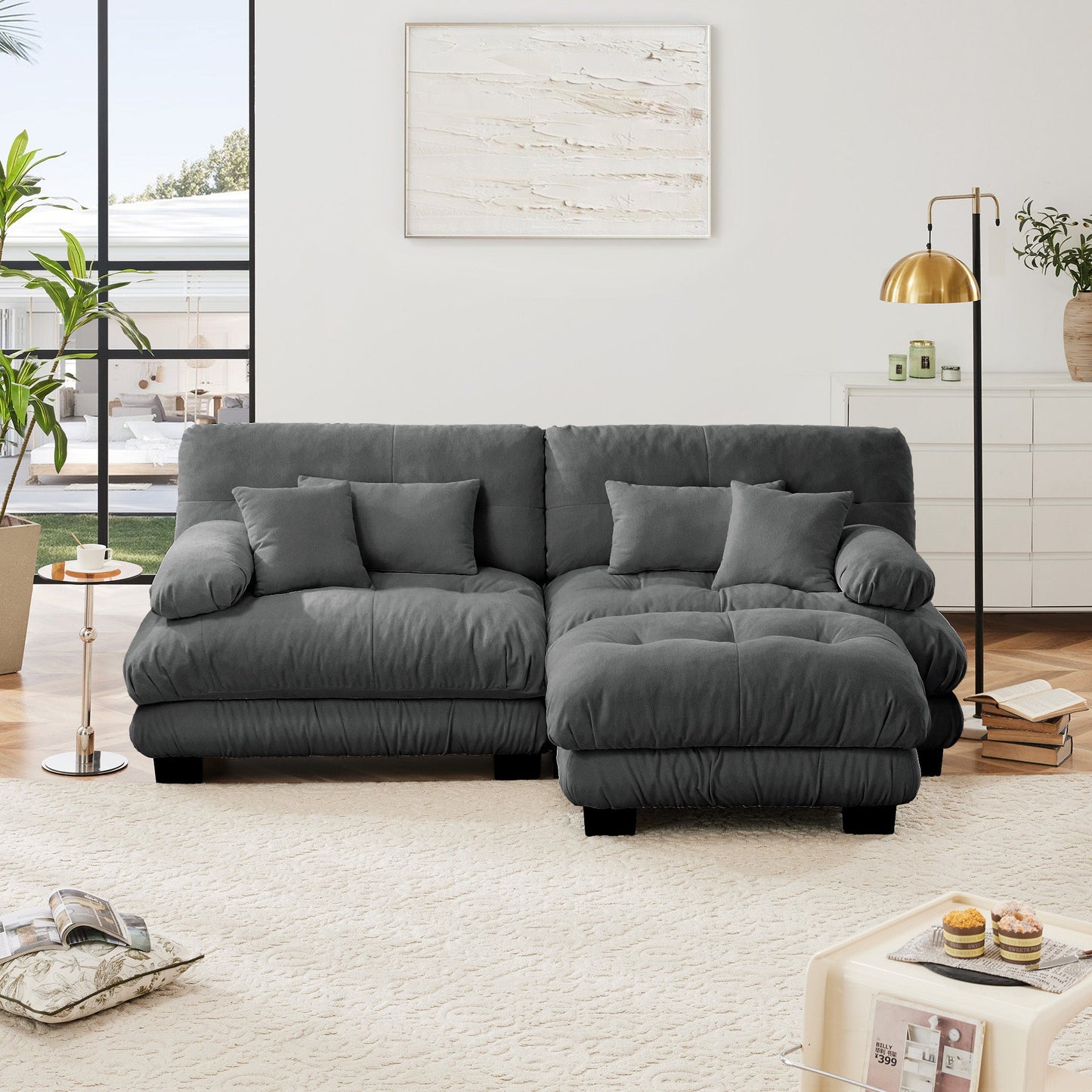 Cloud Couch Sectional Sofa for Living Room, Chenille 2 Seater Sofa with 2 Lumbar pillows and 2 throw pillows , Upholstered Wide Arm Sofa with Convertible Ottoman,Chenille Gray - 1st Choice Furniture Direct