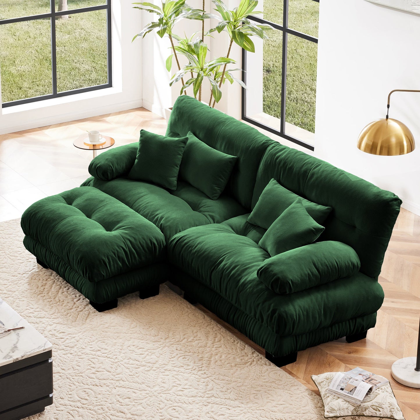 Cloud Couch Sectional Sofa for Living Room, Chenille 2 Seater Sofa with 2 Lumbar pillows and 2 throw pillows , Upholstered Wide Arm Sofa with Convertible Ottoman,Chenille Green - 1st Choice Furniture Direct