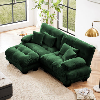 Cloud Couch Sectional Sofa for Living Room, Chenille 2 Seater Sofa with 2 Lumbar pillows and 2 throw pillows , Upholstered Wide Arm Sofa with Convertible Ottoman,Chenille Green - 1st Choice Furniture Direct