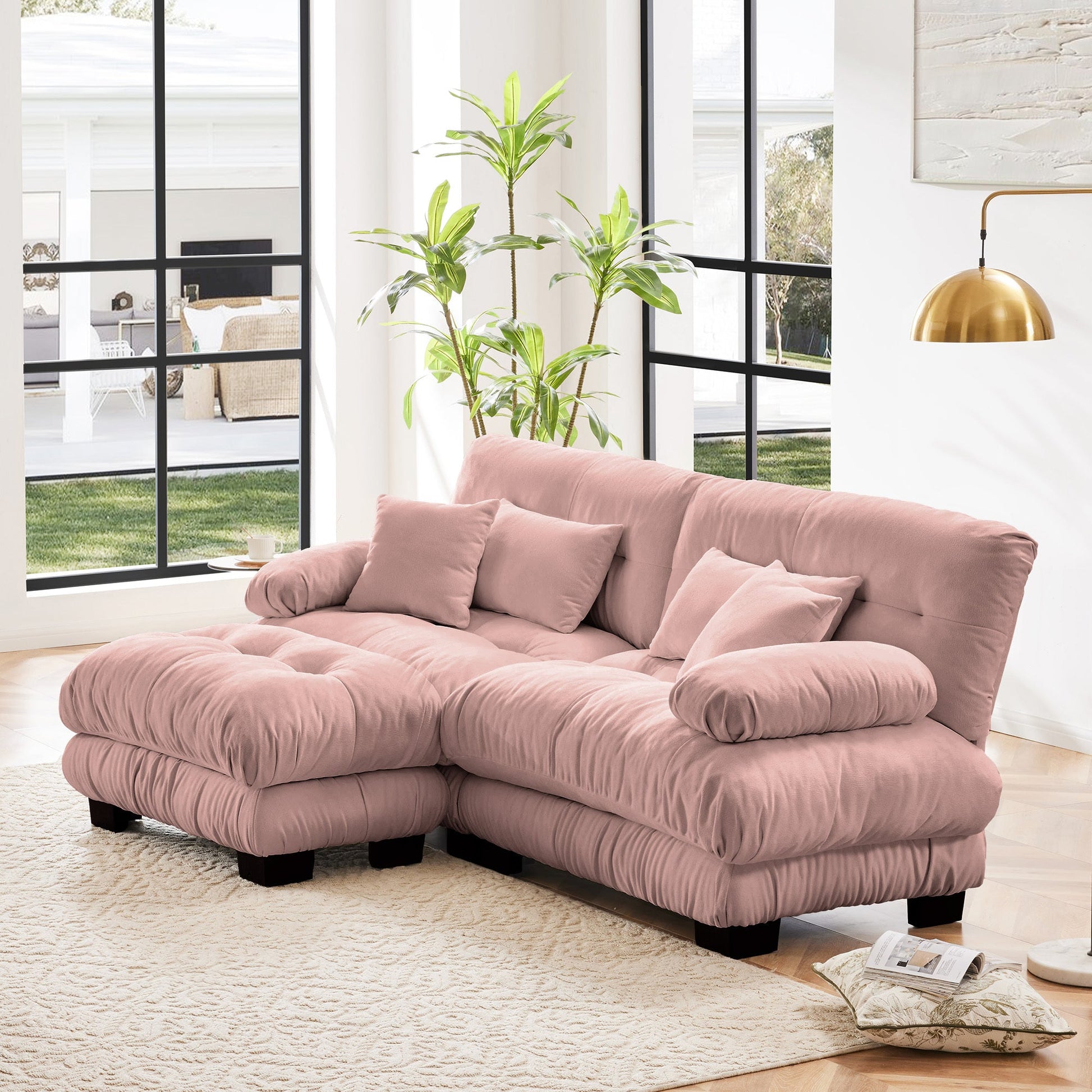 Cloud Couch Sectional Sofa for Living Room, Chenille 2 Seater Sofa with 2 Lumbar pillows and 2 throw pillows , Upholstered Wide Arm Sofa with Convertible Ottoman,Chenille Pink - 1st Choice Furniture Direct