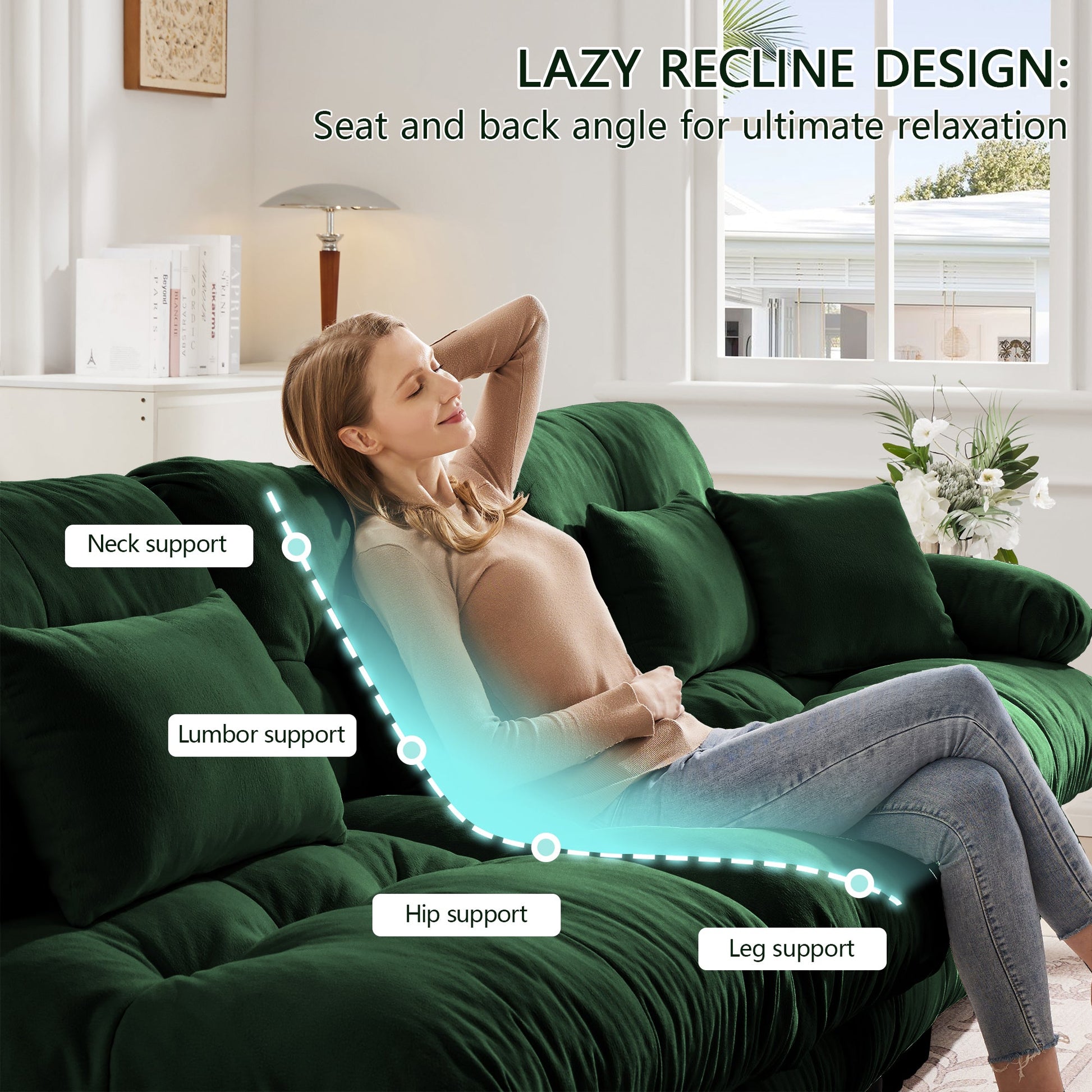 Cloud Couch Sectional Sofa for Living Room, Chenille 2 Seater Sofa with 2 Lumbar pillows and 2 throw pillows , Upholstered Wide Arm Sofa with Convertible Ottoman,Chenille Green - 1st Choice Furniture Direct