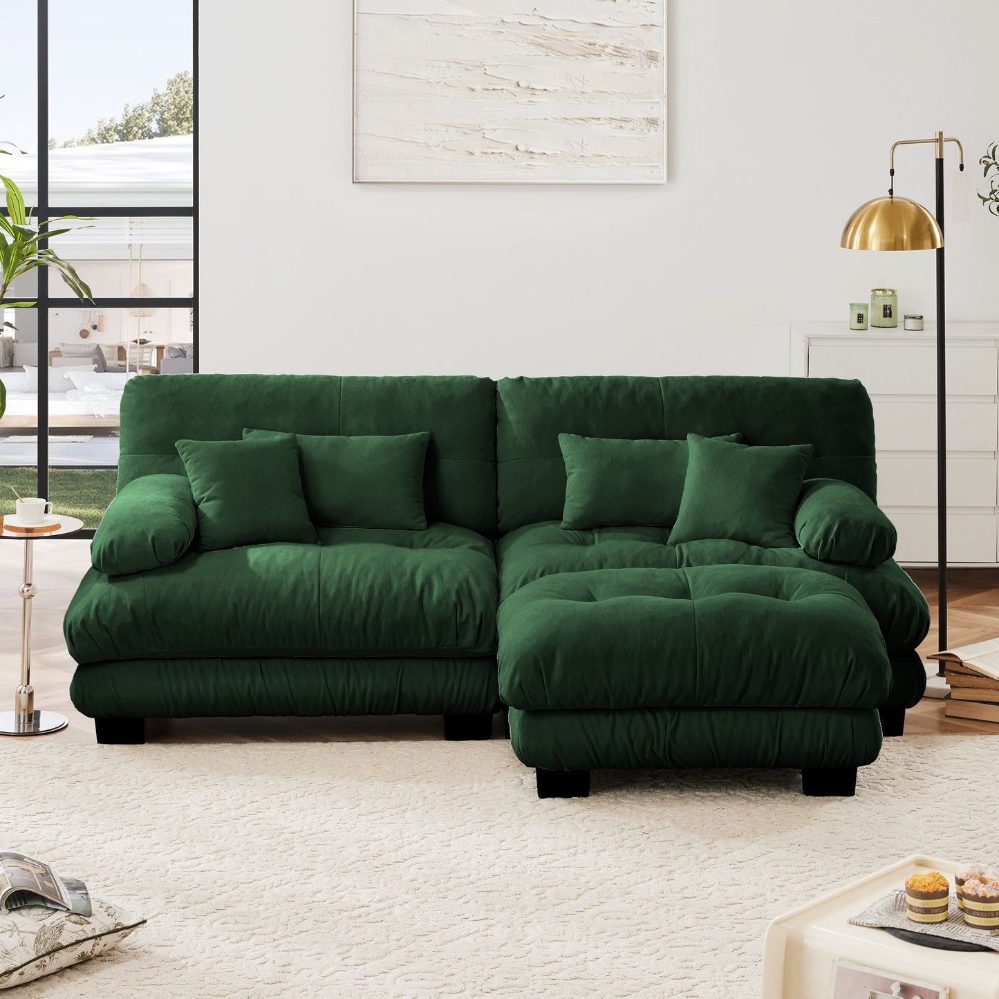 Cloud Couch Sectional Sofa for Living Room, Chenille 2 Seater Sofa with 2 Lumbar pillows and 2 throw pillows , Upholstered Wide Arm Sofa with Convertible Ottoman,Chenille Green - 1st Choice Furniture Direct