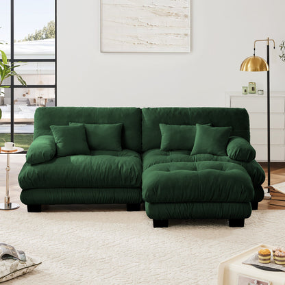 Cloud Couch Sectional Sofa for Living Room, Chenille 2 Seater Sofa with 2 Lumbar pillows and 2 throw pillows , Upholstered Wide Arm Sofa with Convertible Ottoman,Chenille Green - 1st Choice Furniture Direct