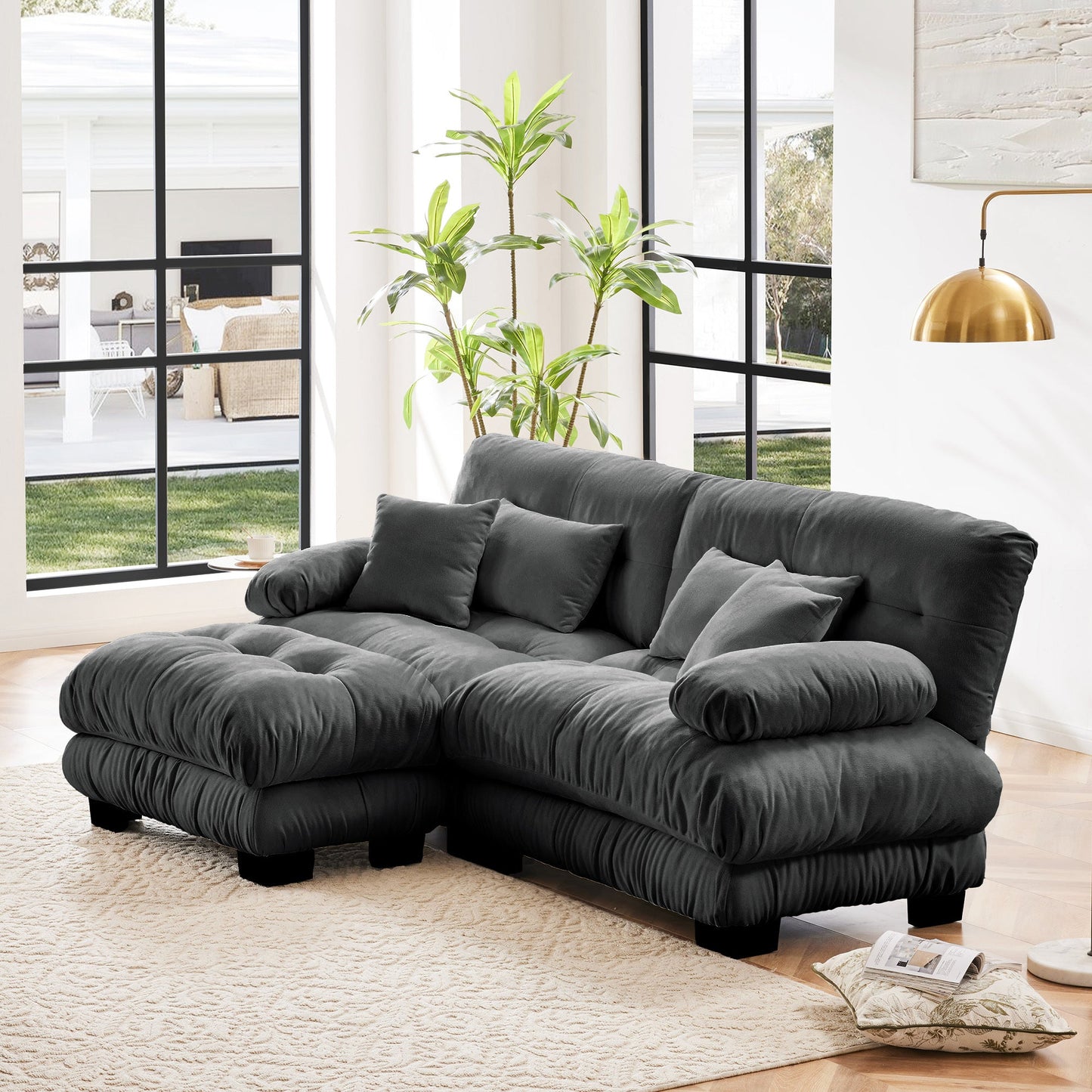 Cloud Couch Sectional Sofa for Living Room, Chenille 2 Seater Sofa with 2 Lumbar pillows and 2 throw pillows , Upholstered Wide Arm Sofa with Convertible Ottoman,Chenille Gray - 1st Choice Furniture Direct