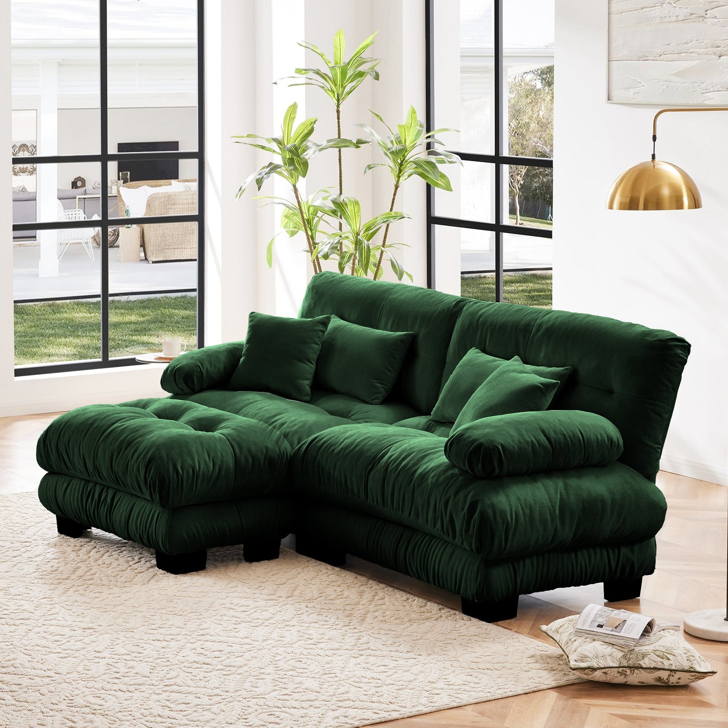 Cloud Couch Sectional Sofa for Living Room, Chenille 2 Seater Sofa with 2 Lumbar pillows and 2 throw pillows , Upholstered Wide Arm Sofa with Convertible Ottoman,Chenille Green - 1st Choice Furniture Direct