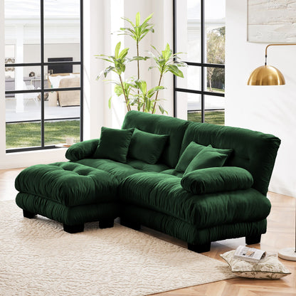 Cloud Couch Sectional Sofa for Living Room, Chenille 2 Seater Sofa with 2 Lumbar pillows and 2 throw pillows , Upholstered Wide Arm Sofa with Convertible Ottoman,Chenille Green - 1st Choice Furniture Direct