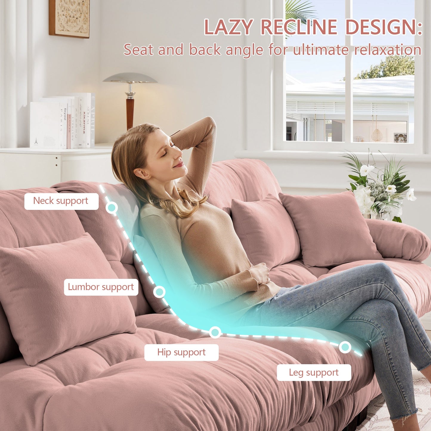 Cloud Couch Sectional Sofa for Living Room, Chenille 2 Seater Sofa with 2 Lumbar pillows and 2 throw pillows , Upholstered Wide Arm Sofa with Convertible Ottoman,Chenille Pink - 1st Choice Furniture Direct