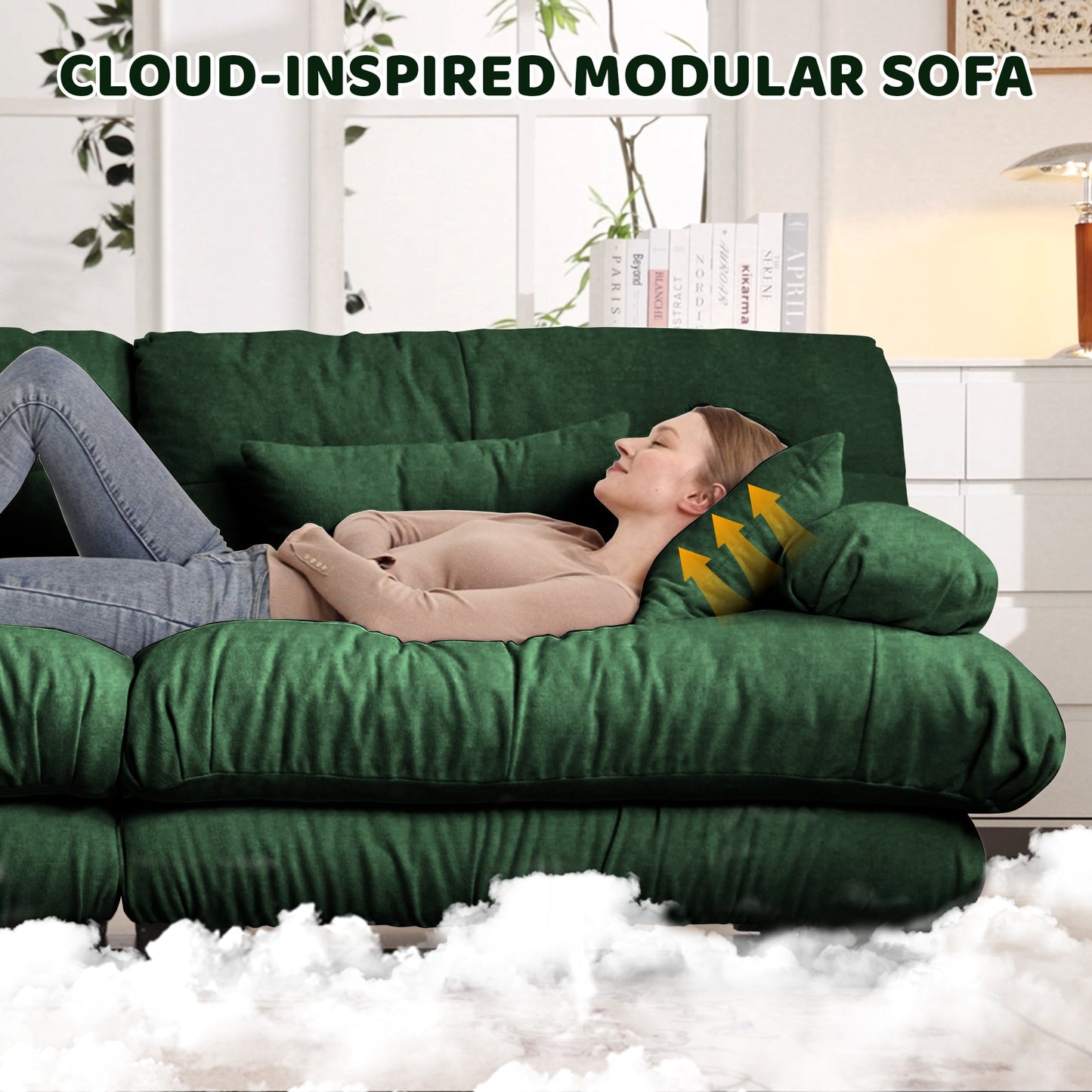 Cloud Couch Sectional Sofa for Living Room, Chenille 2 Seater Sofa with 2 Lumbar pillows and 2 throw pillows , Upholstered Wide Arm Sofa with Convertible Ottoman,Chenille Green - 1st Choice Furniture Direct