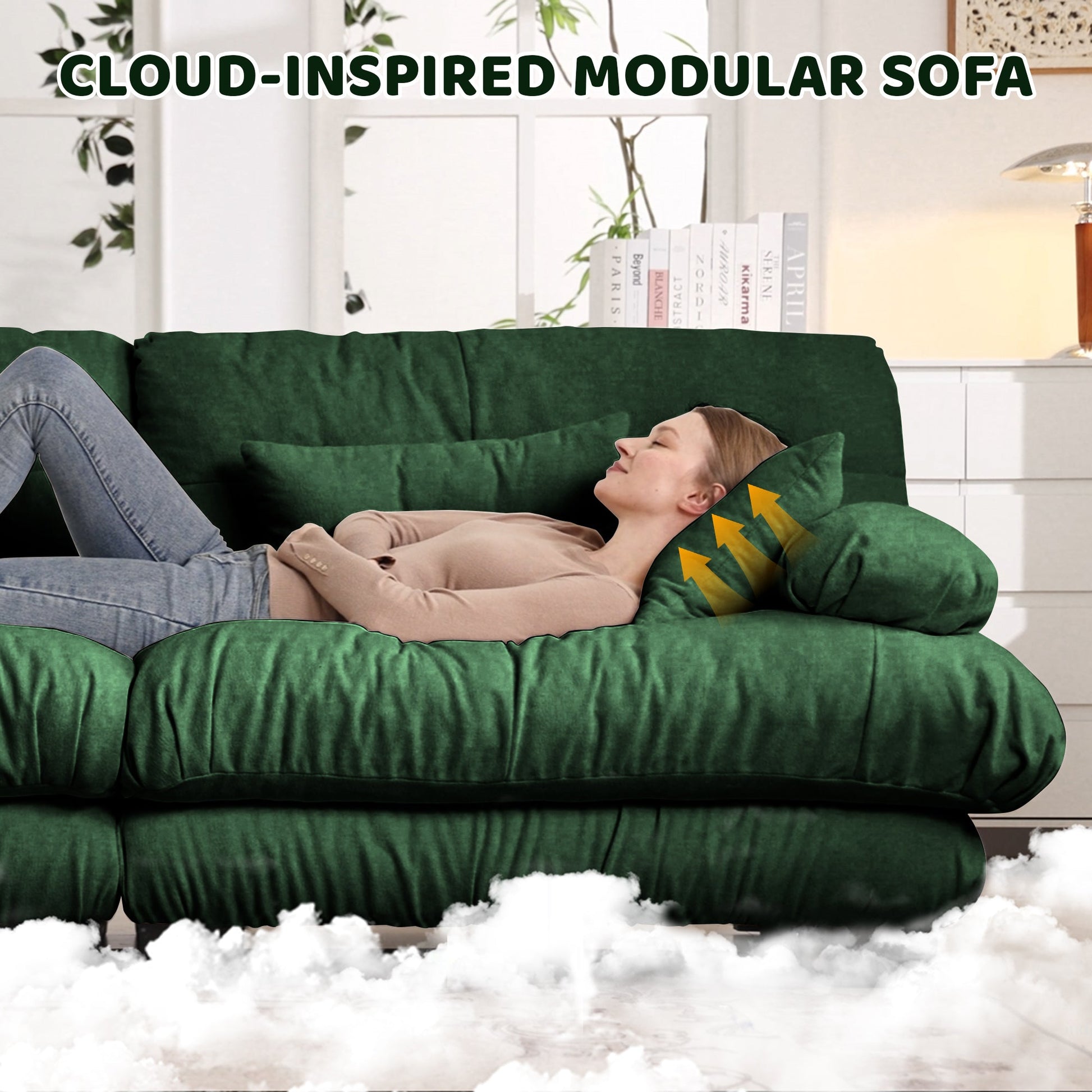 Cloud Couch Sectional Sofa for Living Room, Chenille 2 Seater Sofa with 2 Lumbar pillows and 2 throw pillows , Upholstered Wide Arm Sofa with Convertible Ottoman,Chenille Green - 1st Choice Furniture Direct