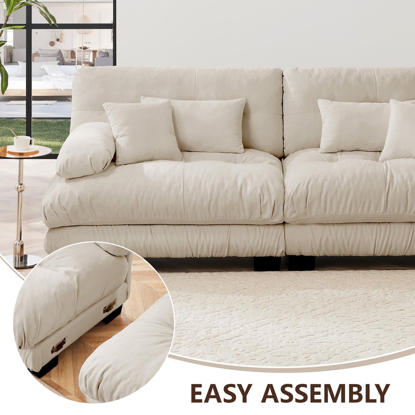 Cloud Couch Sleeper Sofa for Living Room, Chenille 2 Seater sofa with 2 Lumbar pillows and 2 throw pillows , Upholstered Wide Arm Sofa with 2 Ottomans,Chenille Light coffee - 1st Choice Furniture Direct
