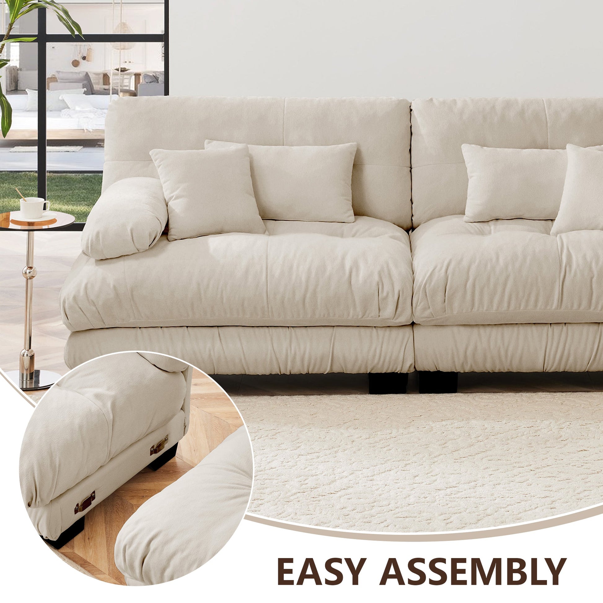 Cloud Couch Sleeper Sofa for Living Room, Chenille 2 Seater sofa with 2 Lumbar pillows and 2 throw pillows , Upholstered Wide Arm Sofa with 2 Ottomans,Chenille Light coffee - 1st Choice Furniture Direct