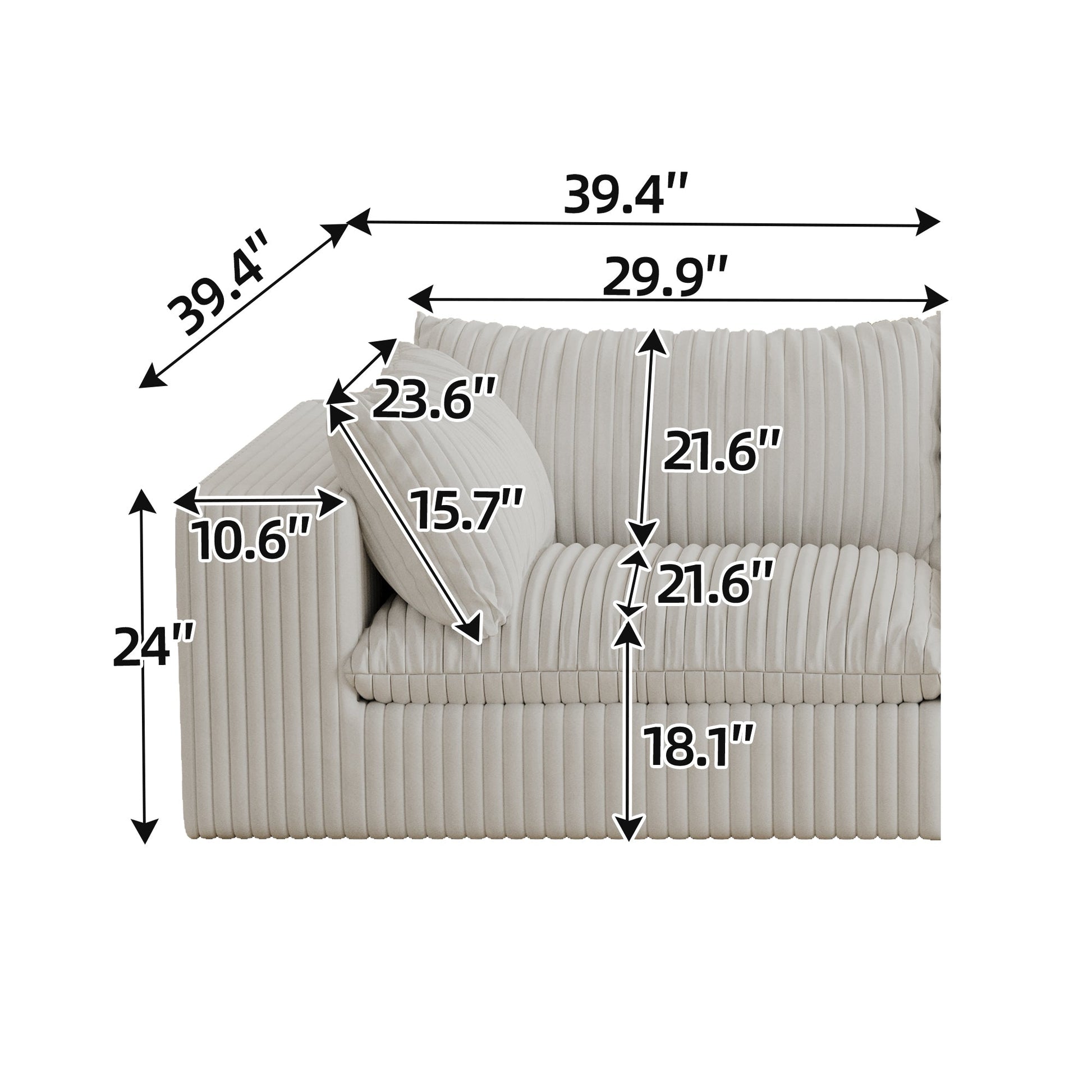 Cloud Sofa,Corduroy Fabric,Deep Seat Couches,Double - layer design,Removable Cushion,No Assembly, DIY Combination for Living room, Bedroom,Conference room ,Apartment,White - 1st Choice Furniture Direct