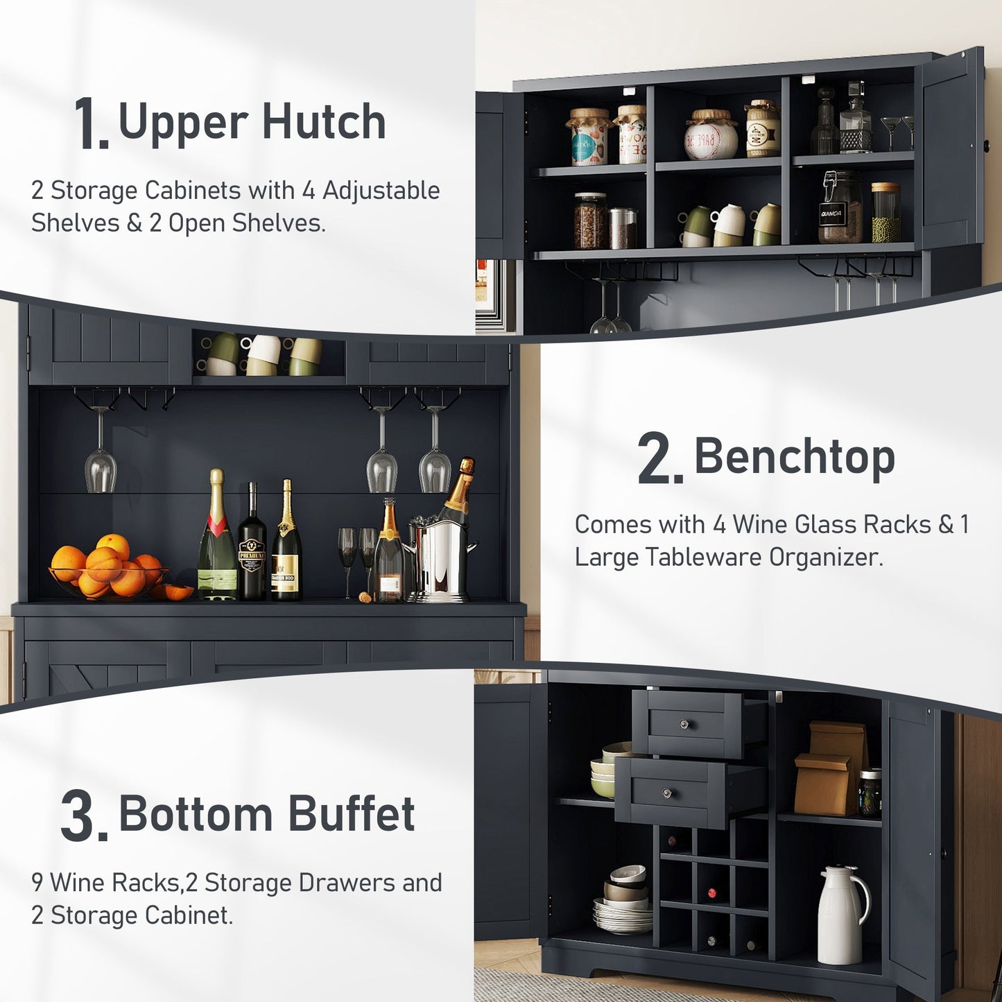 Coffee Bar Cabinet Kitchen Cabinet with Storage, Farmhouse Wine Cabinet with Drawers shelves and cabinets, Buffet Cabinet Wine & Glass Racks for Dining Room, Kitchen, Dark Blue - 1st Choice Furniture Direct